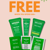 Six green Clean Nectarine FREE Skin Food Sample Boxes are displayed on a peach background with flowers and text: FREE with all orders $99+ (automatically added to your cart).