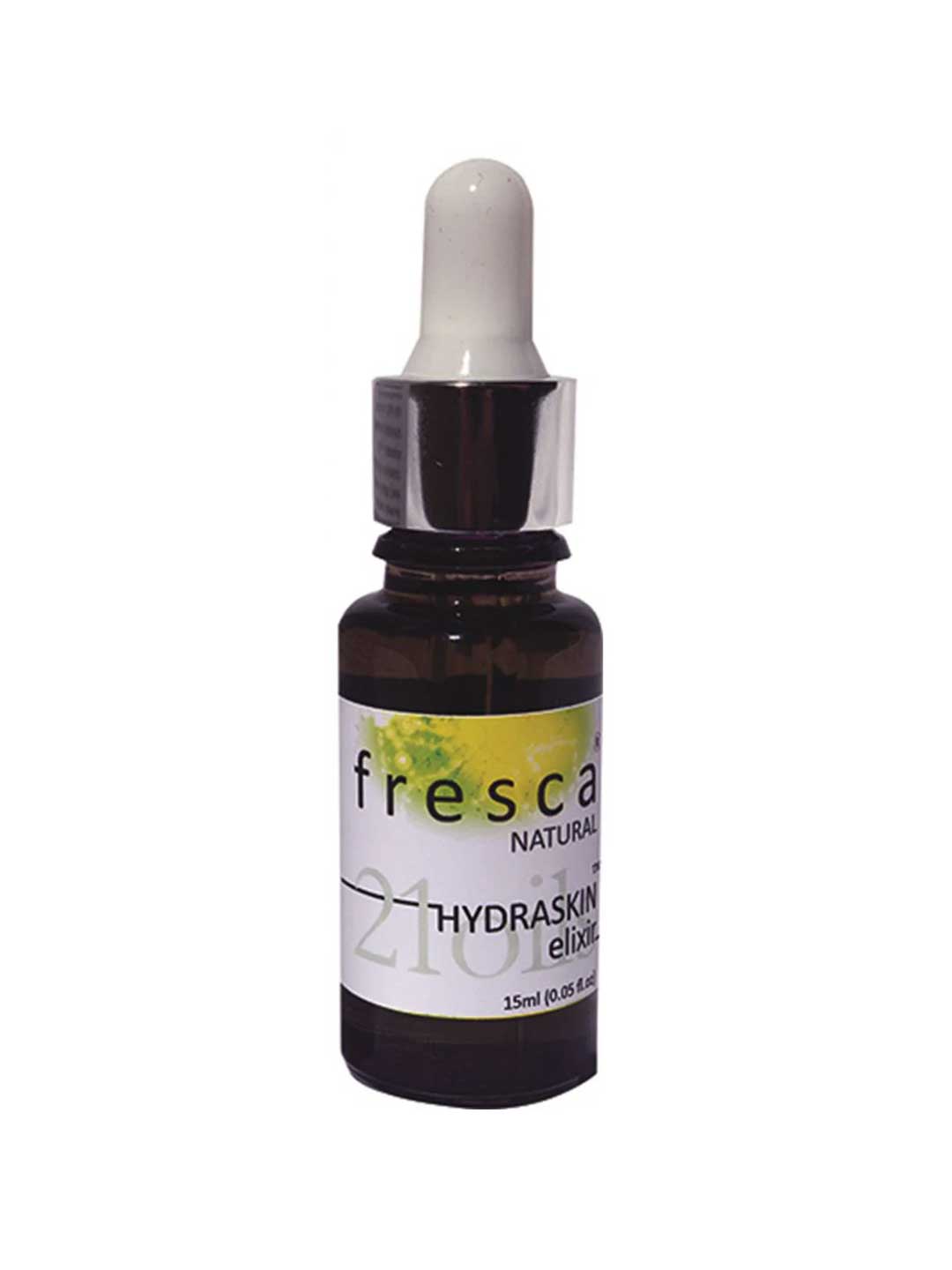 A small dark glass dropper bottle labeled Fresca Natural Hydraskin Elixir, 30ml, with a white and silver dropper cap.