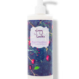 100% Pure Glossy Locks Repair Conditioner in a white pump bottle with a dark blue label covered in colourful fruit and plant illustrations.