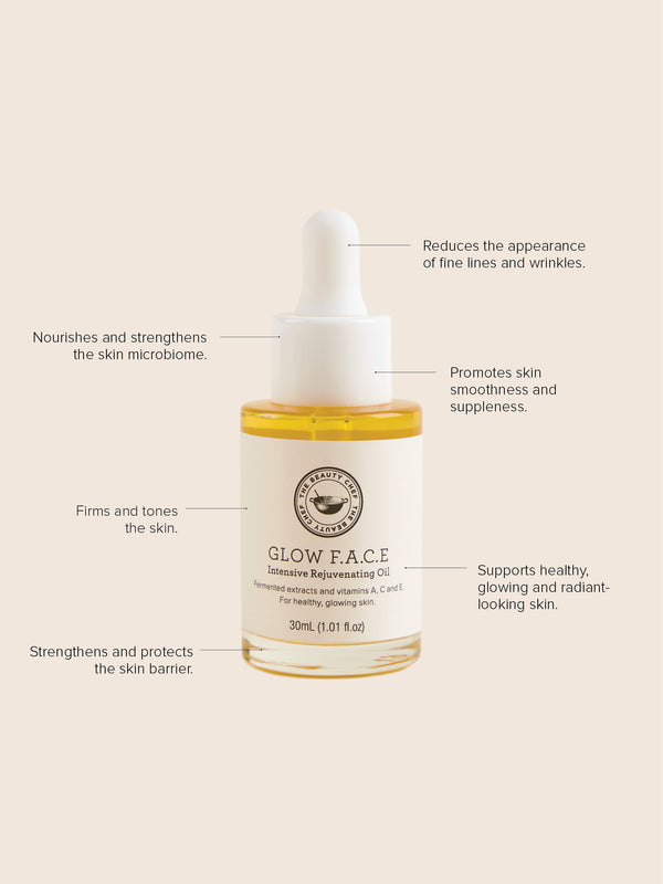 Key benefits panel for The Beauty Chef Glow FACE oil