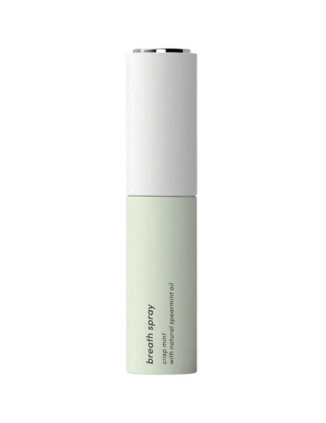 A tall, slim cylindrical bottle of breath spray with a white upper section and a pale mint green lower section, featuring black text that reads 'breath spray' and 'with natural spearmint oil'.