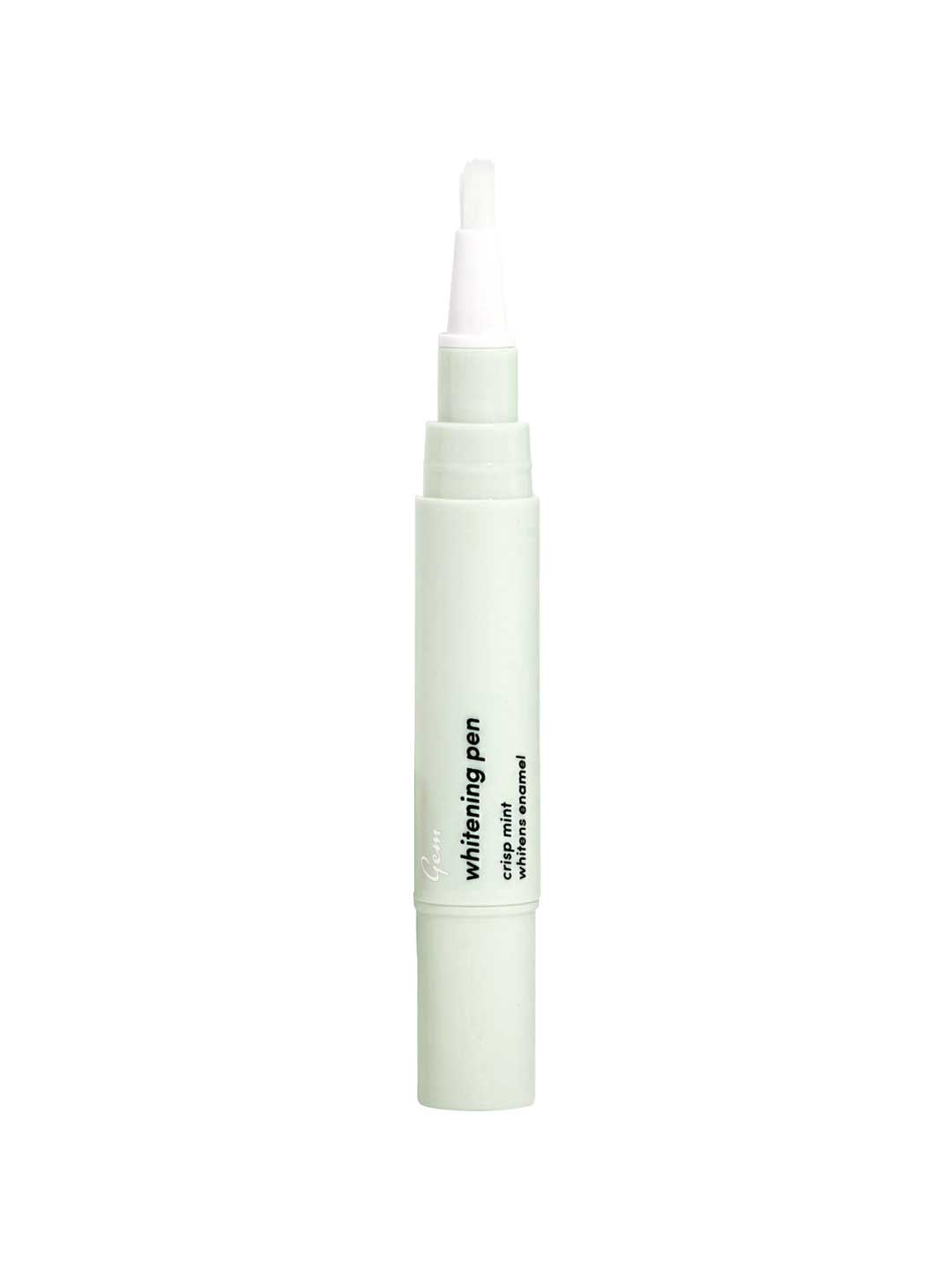 The Gem Whitening Pen Crisp Mint 7ml, featuring a light green body, white applicator tip, and sleek twist-up design, stands upright against a white background. Ideal for sensitive teeth, it ensures precise application with minimal black text.