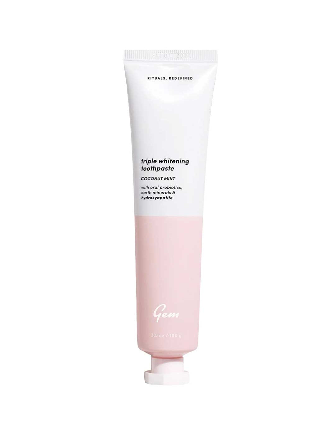 Tube of Gem Triple Whitening Toothpaste Coconut Mint with pinkish cream on a white background