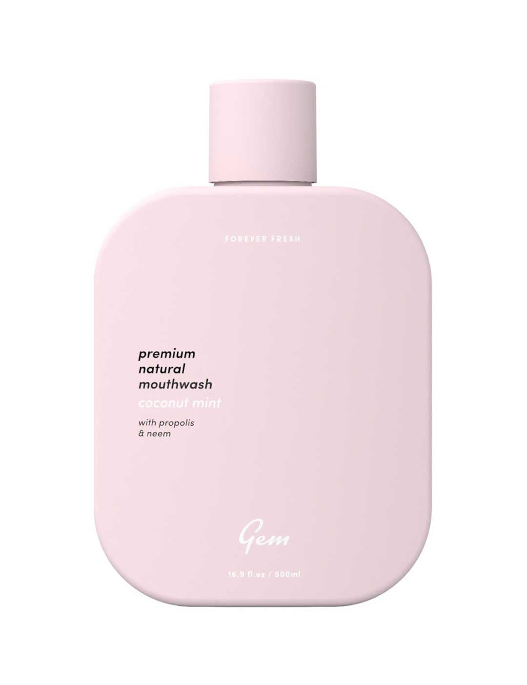 Pink bottle of Gem mouthwash on a white background