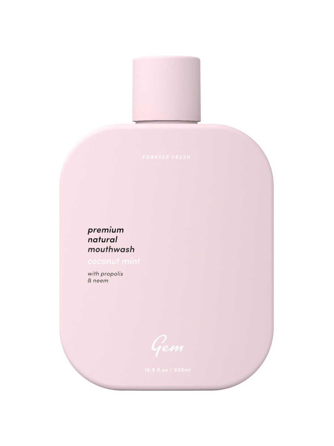 Pink bottle of Gem mouthwash on a white background