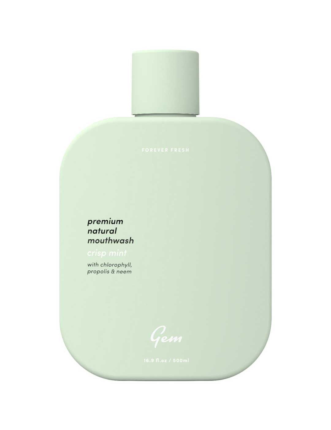 Mint green bottle of Gem mouthwash on a white background