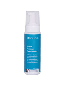 MooGoo Gentle Foaming Face Cleanser 200ml comes in a white pump bottle with a blue label. This natural, SLS-free cleanser gently removes dirt, makeup, and dead skin cells via enzymatic exfoliation without clogging pores.