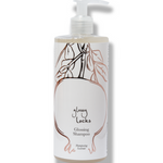 100% Pure Glossy Locks Glossing Shampoo in a clear bottle of pale liquid, with a white pump and a light label showing line drawings of pomegranates and leaves.
