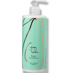 100% Pure Glossy Locks Repair Conditioner in a white pump bottle with a mint-green label decorated with curved brown and peach line drawings.