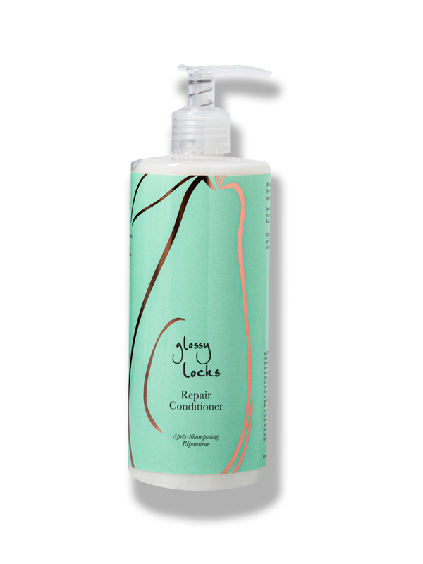 100% Pure Glossy Locks Repair Conditioner in a white pump bottle with a mint-green label decorated with curved brown and peach line drawings.