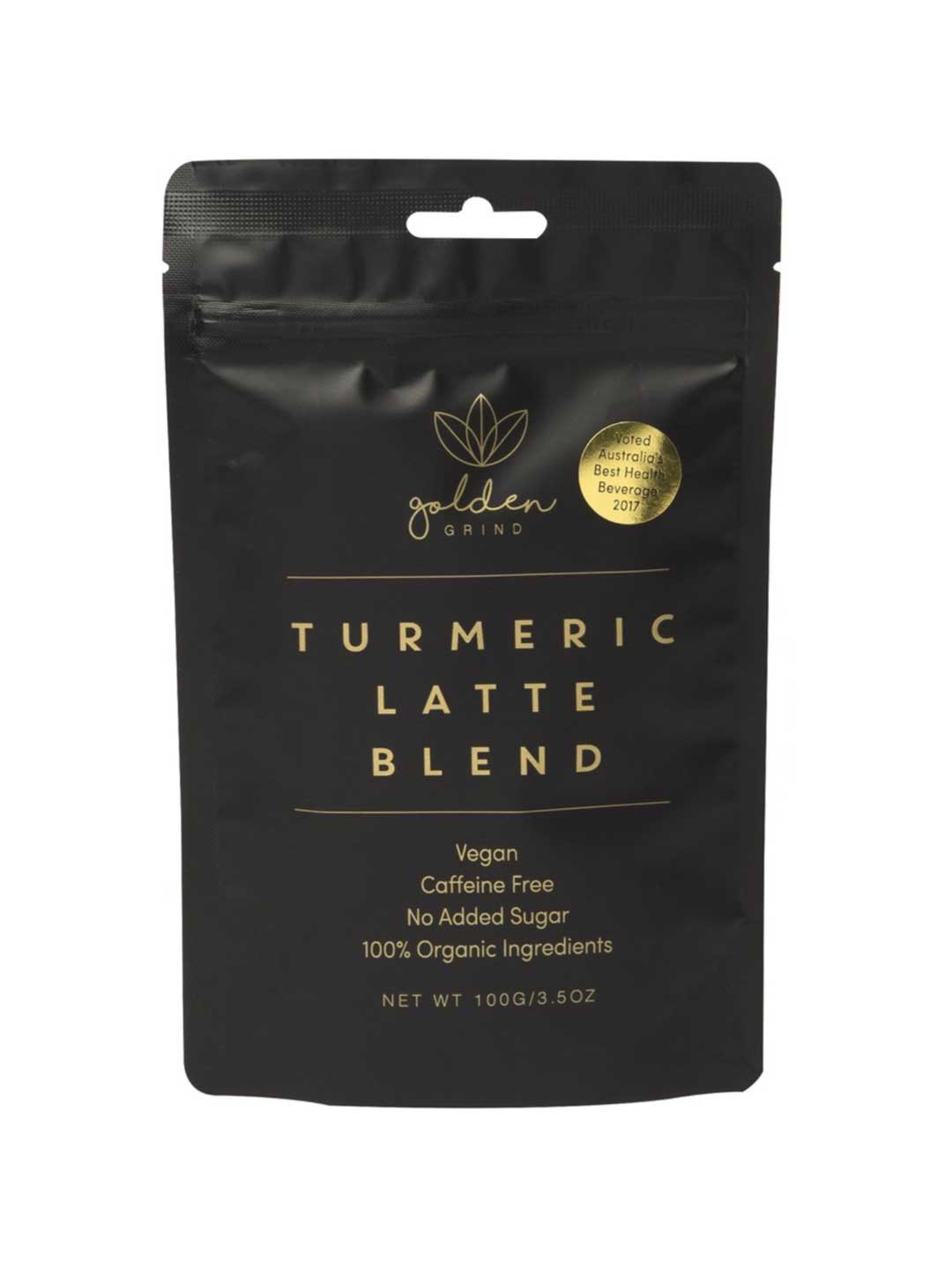 Golden Grind Turmeric Latte Blend 100g comes in a black resealable pouch. This vegan, anti-inflammatory drink is caffeine-free, has no added sugar, uses 100% organic ingredients, and weighs 100g (3.5oz).