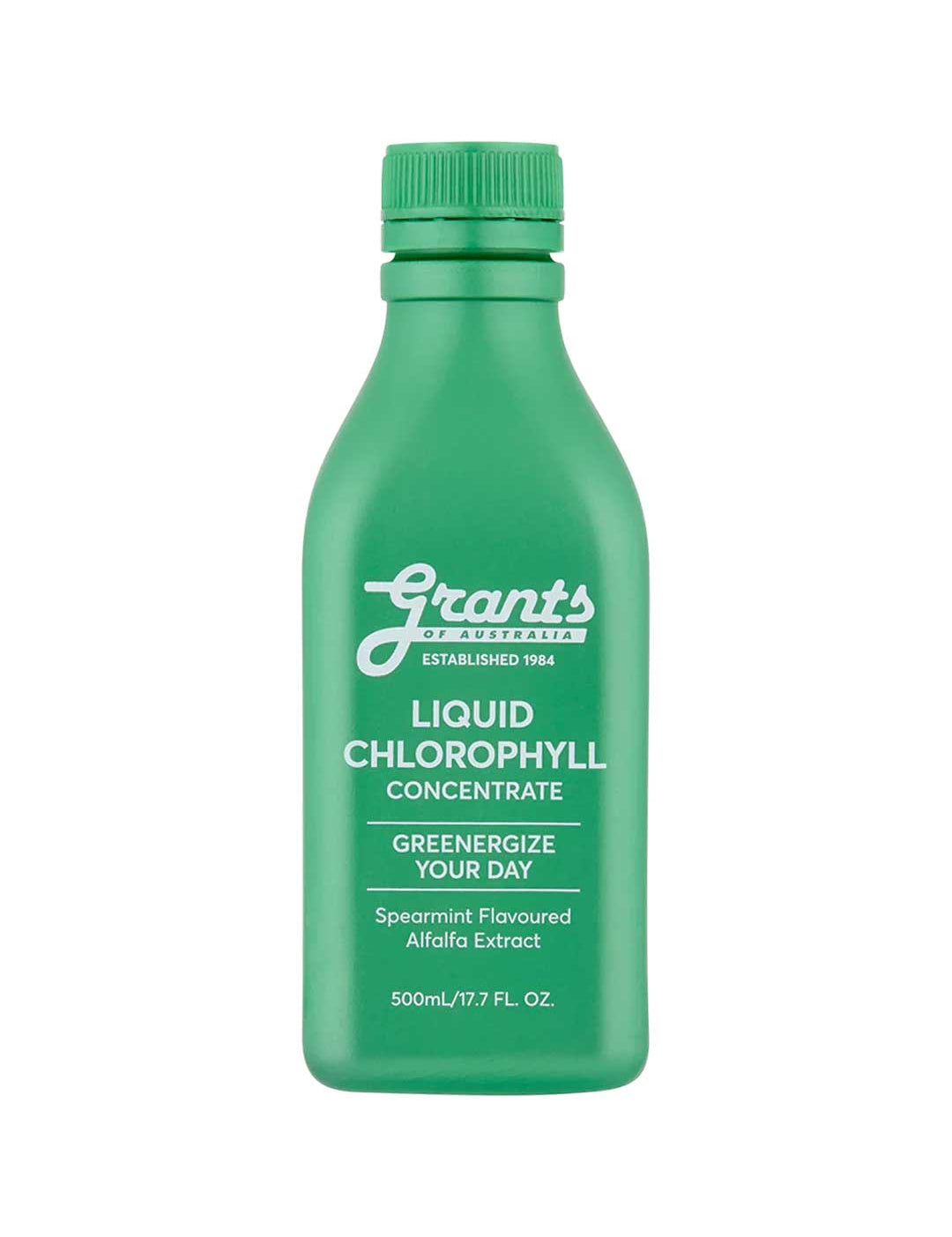 Grants Liquid Chlorophyll 500ml is a green bottle featuring Spearmint Flavoured Alfalfa Extract and "Greenergize Your Day" on the label—an ideal wholefood supplement for daily wellness.