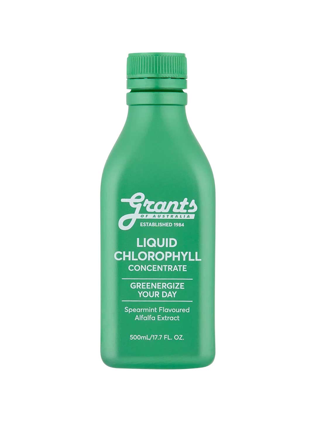 Grants Liquid Chlorophyll 500ml is a green bottle featuring Spearmint Flavoured Alfalfa Extract and "Greenergize Your Day" on the label—an ideal wholefood supplement for daily wellness.
