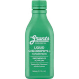 Grants Liquid Chlorophyll 500ml is a green bottle featuring Spearmint Flavoured Alfalfa Extract and "Greenergize Your Day" on the label—an ideal wholefood supplement for daily wellness.