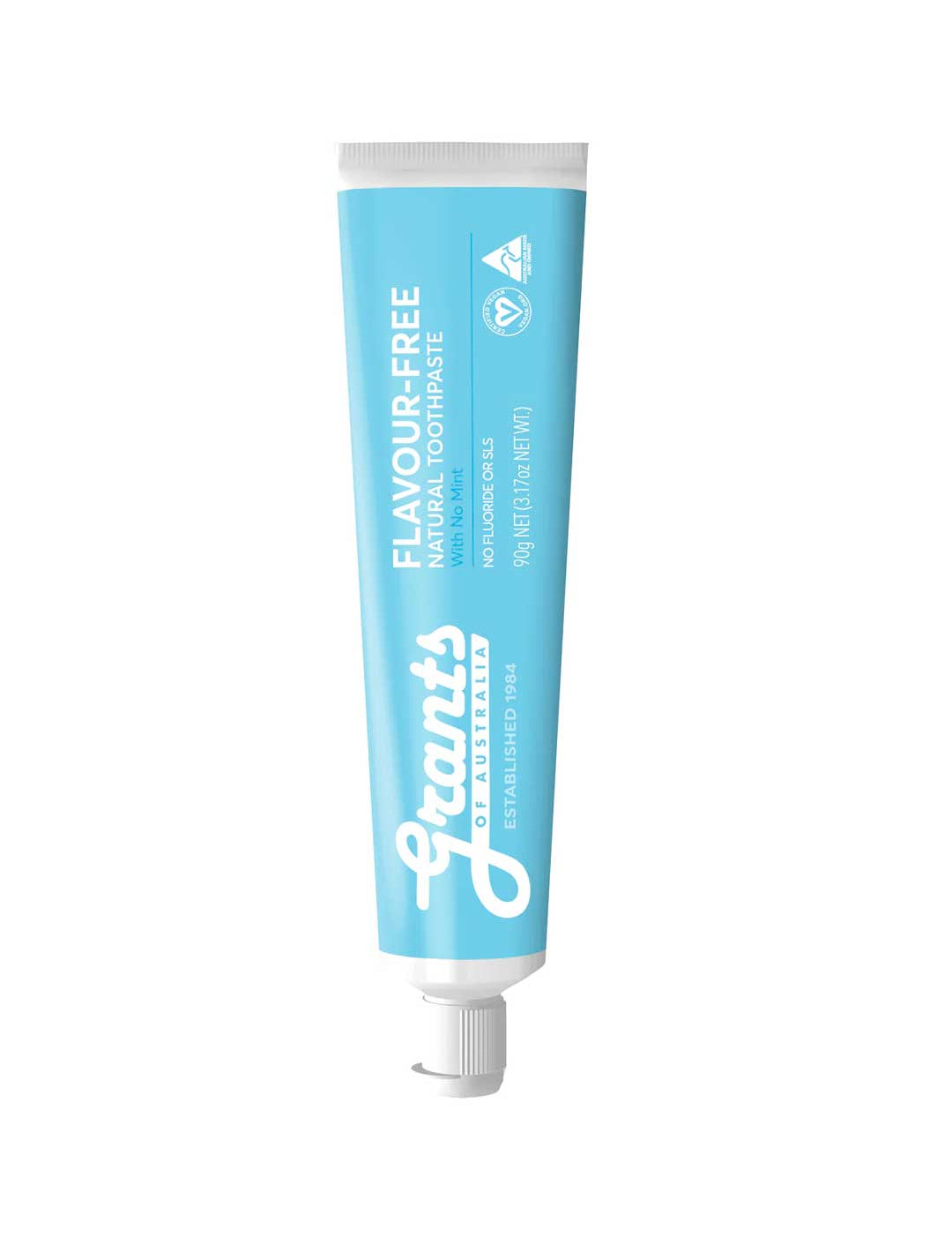 Blue tube of Giants flavour-free natural toothpaste on a white background