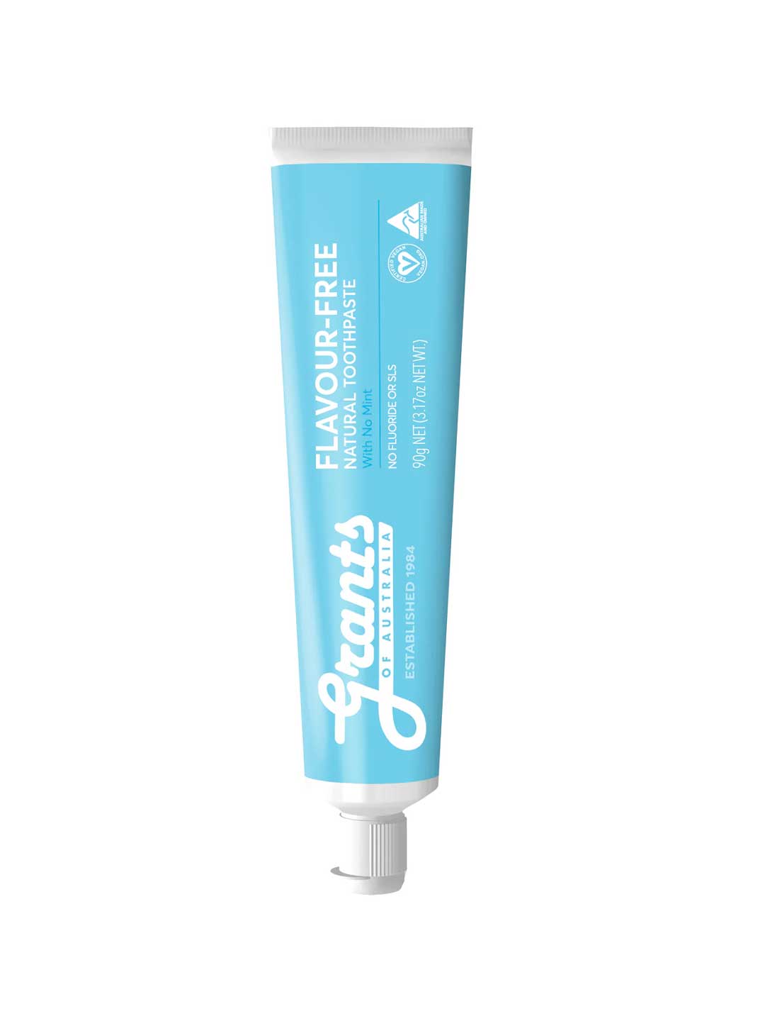 Blue tube of Giants flavour-free natural toothpaste on a white background
