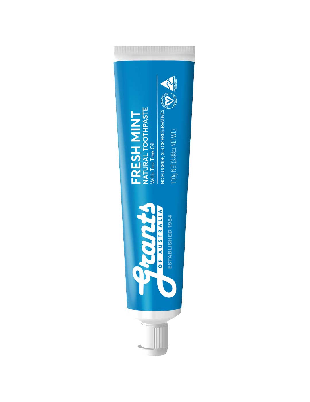 Blue tube of Grant's Fresh Mint toothpaste on a white background