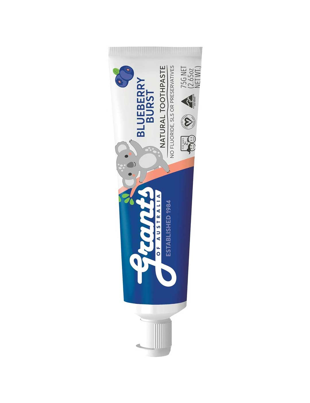 Tube of Grant's Blueberry Burst natural toothpaste on a white background