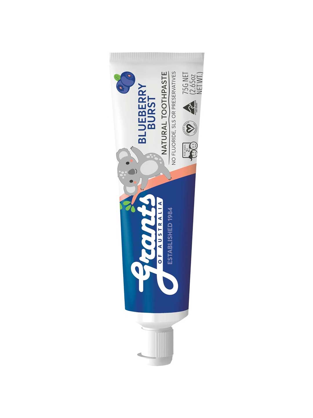 Tube of Grant's Blueberry Burst natural toothpaste on a white background