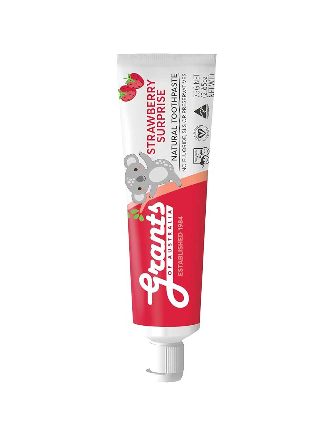 Grant's Strawberry Surprise natural toothpaste tube on a white background