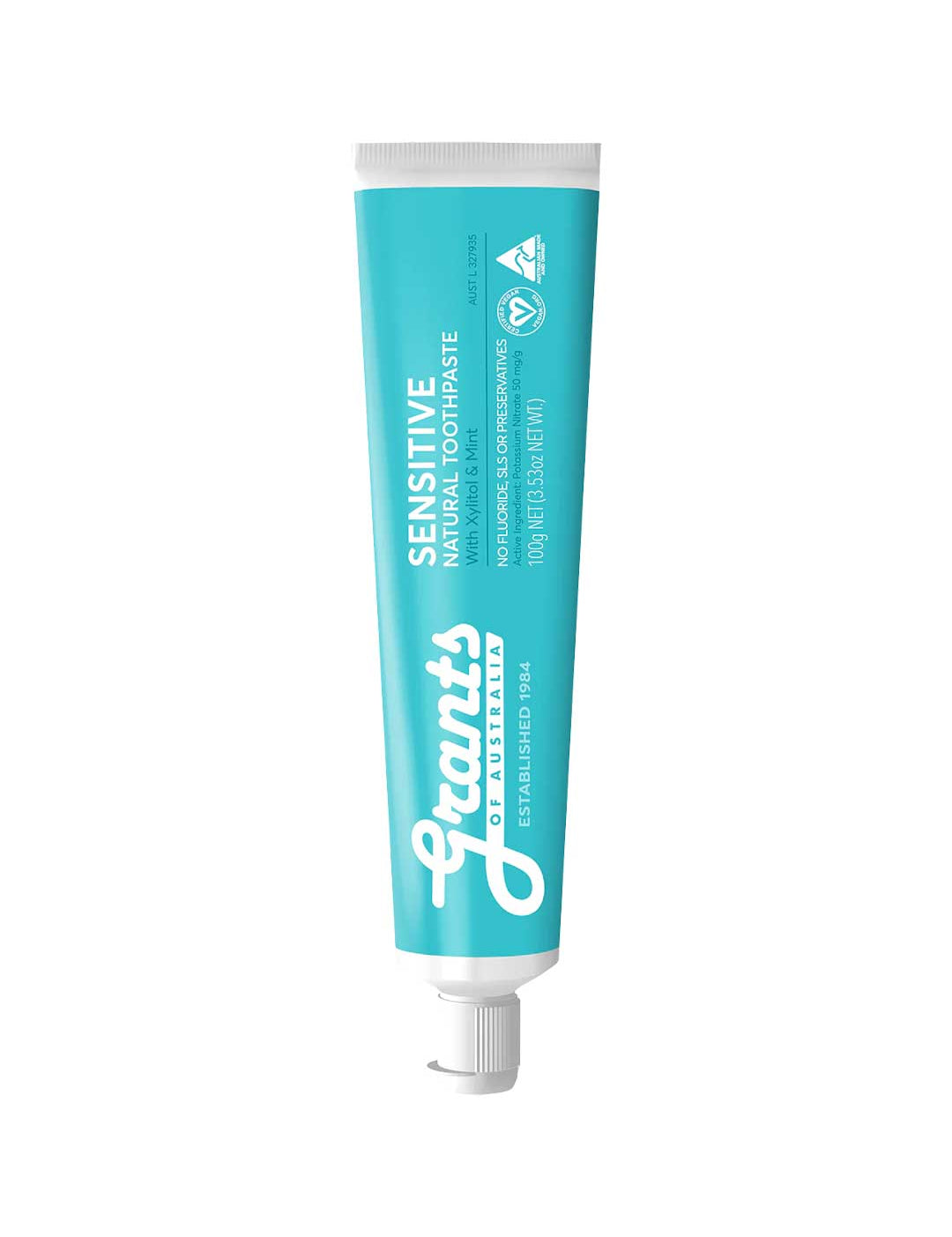 Blue tube of Grant's Sensitive toothpaste on a white background