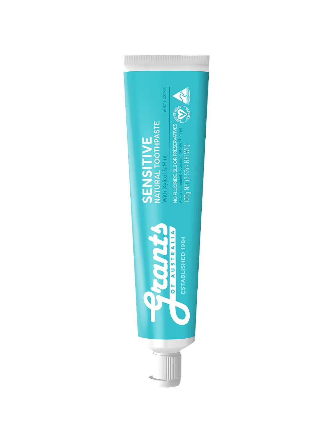 Blue tube of Grant's Sensitive toothpaste on a white background