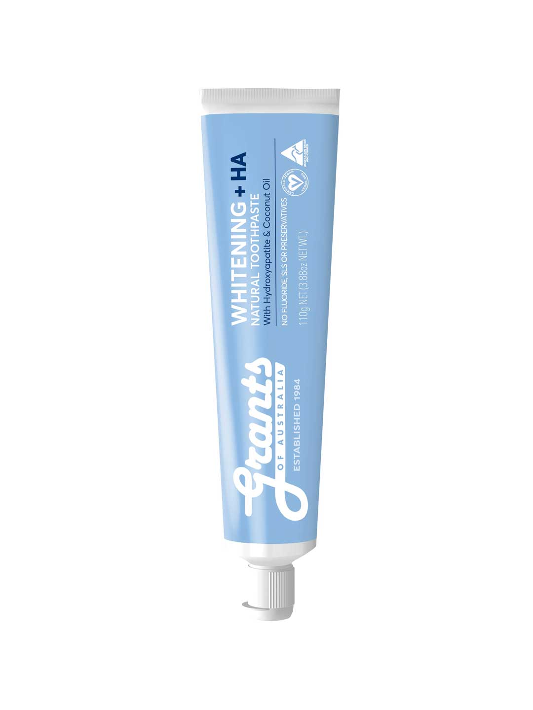 Tube of Grants Whitening + HA toothpaste on a white background