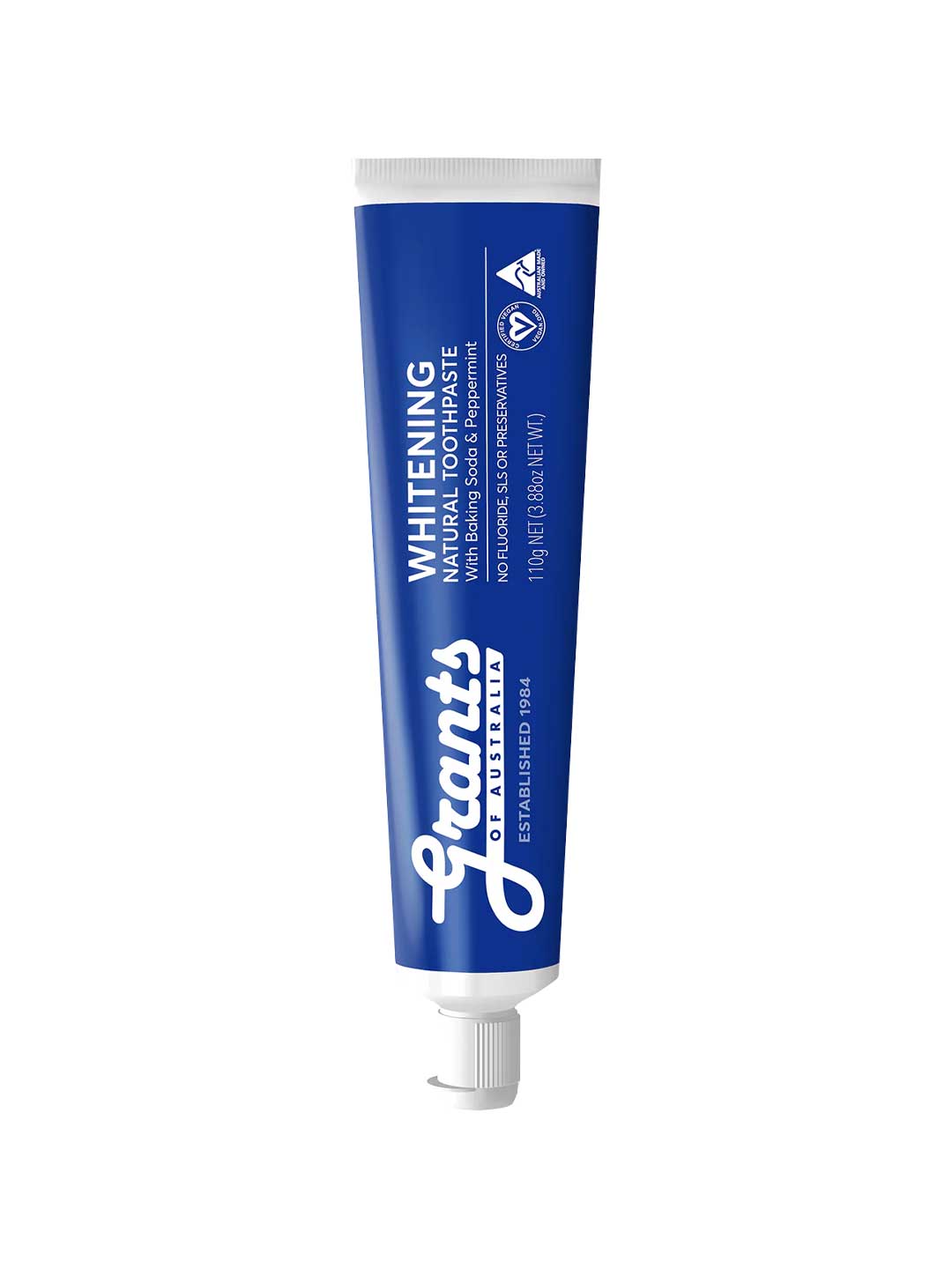 Blue tube of Grant's whitening toothpaste on a white background