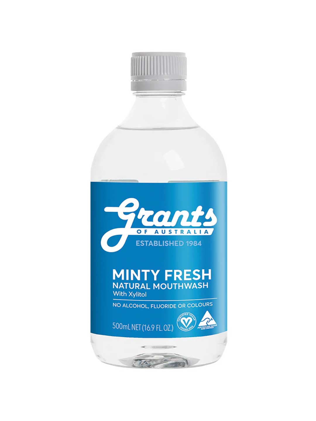 Bottle of Grants Minty Fresh Natural Mouthwash on a white background