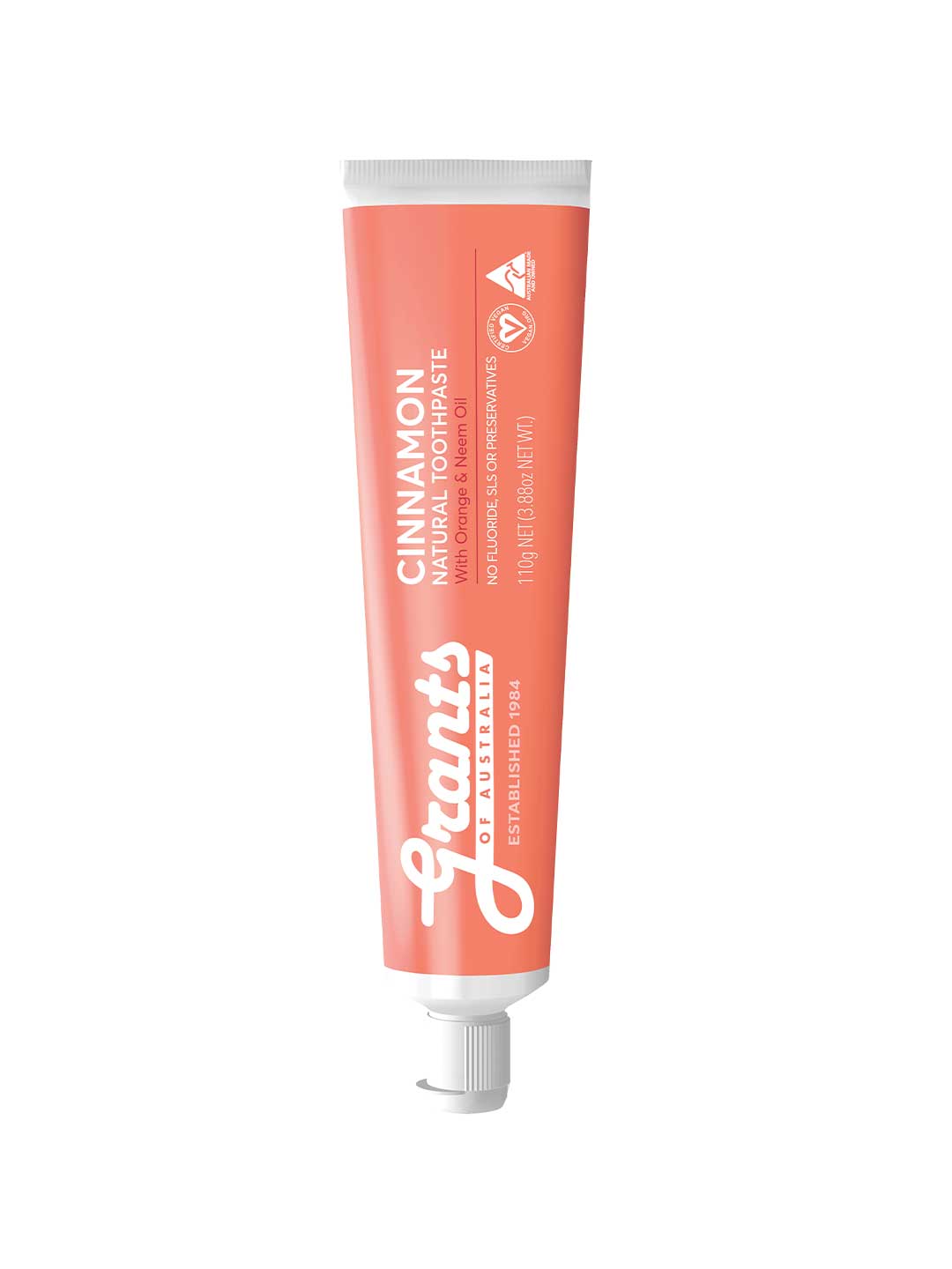 Grants Cinnamon flavored toothpaste tube on a white background