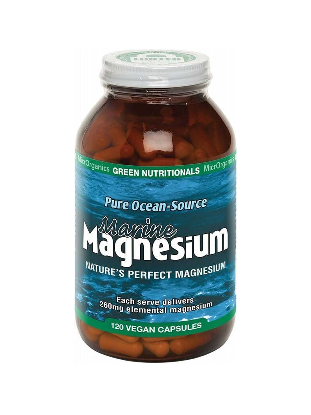 Green Nutritionals Marine Magnesium 260mg 120 Caps provides 120 vegan capsules in blue and green packaging, featuring ocean-sourced, natural magnesium for bioavailability, with each serving delivering 260mg of marine magnesium.