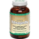 A brown bottle of Green Nutritionals Shoden® Ashwagandha contains 45 vegan capsules. The white label highlights stress support, restorative sleep, and immune health. The cap is white; the brand is MicroOrganics Green Nutritionals.