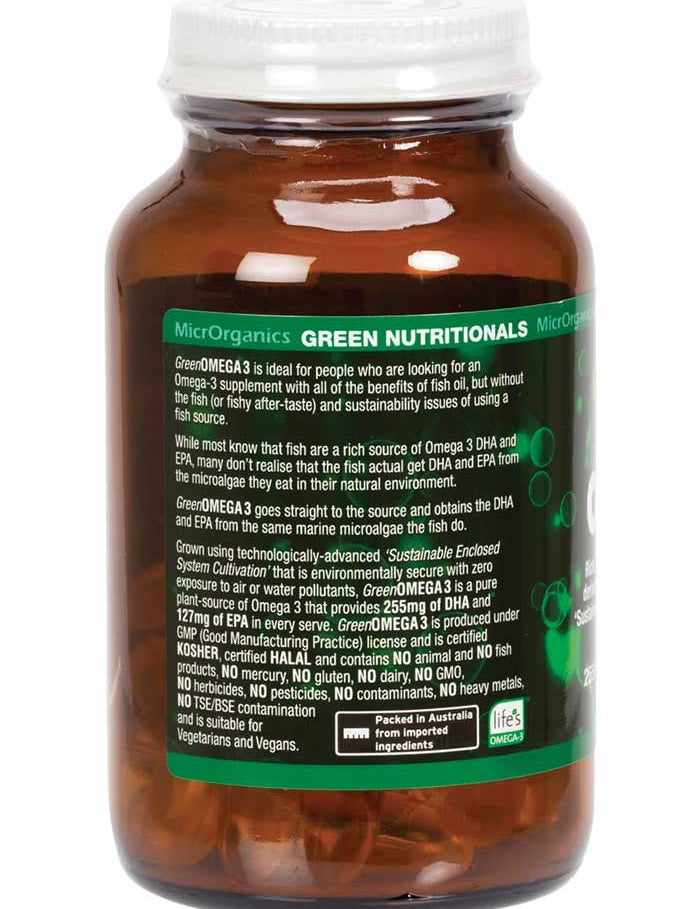 A brown glass bottle labeled Green Nutritionals Vegan Omega3 90 Caps features detailed product info, highlighting it as a vegan omega-3 supplement with plant-based DHA and EPA sourced from marine microalgae.