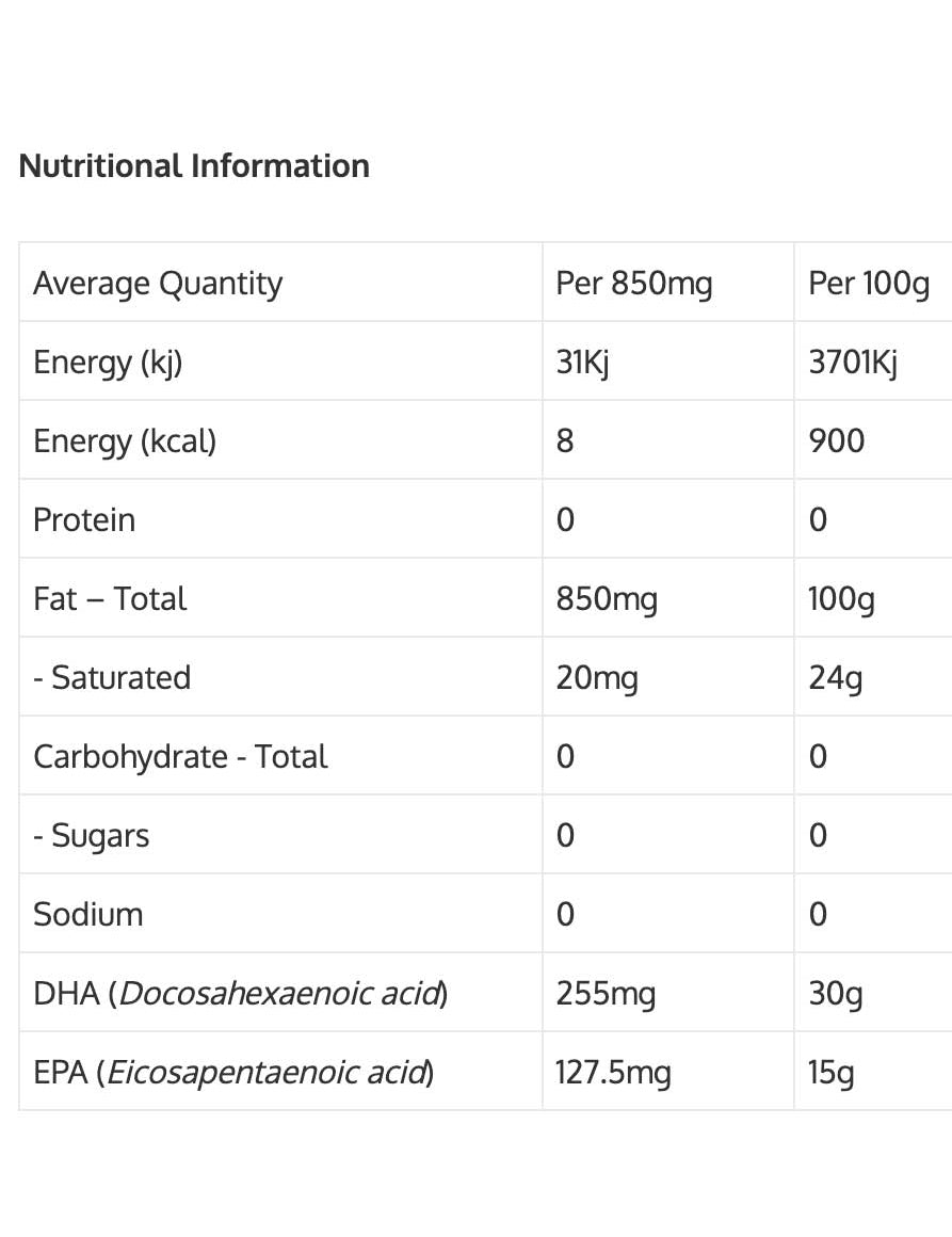 The nutrition table for Green Nutritionals Pure Plant-Source Omega3 50ml lists values per 850mg and per 100g, energy, protein, fat, carbs, sodium, and plant-based omega-3s (DHA/EPA). Only fat and vegan omega-3s have significant amounts; others are zero.