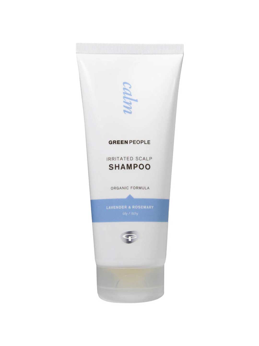 Green People Calm Shampoo - Irritated Scalp 200ml comes in a white tube with a blue label. Enriched with lavender and rosemary, it soothes itchy, oily, and flaky scalps. This gentle dandruff shampoo features simple, minimalistic packaging.