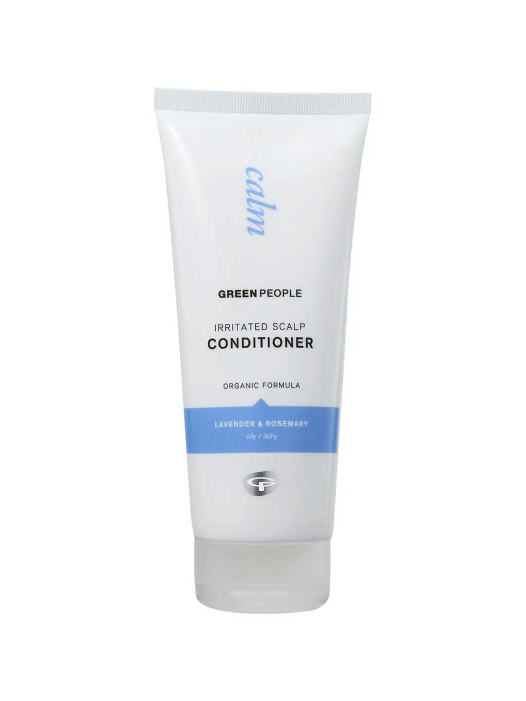 A white tube of Green People Calm Conditioner - Irritated Scalp 200ml, an organic formula with a blue label, powered by lavender and rosemary to soothe oily, itchy, or flaky scalps.