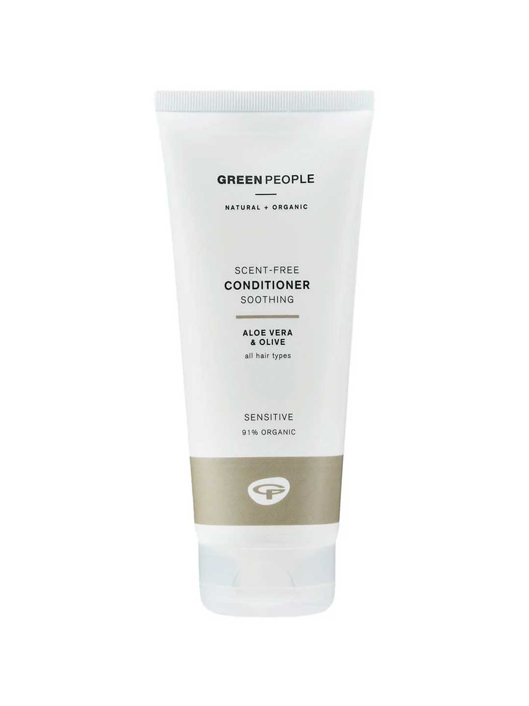 A white tube of Green People Conditioner - Scent Free 200ml stands upright on a plain background. The label shows it’s fragrance-free, suitable for sensitive scalp and all hair types, with 91% organic ingredients.