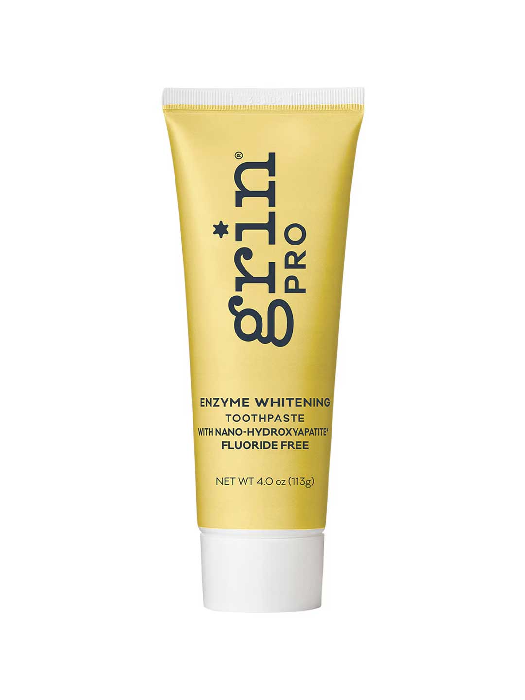 Yellow tube of grin Pro enzyme whitening toothpaste on a white background