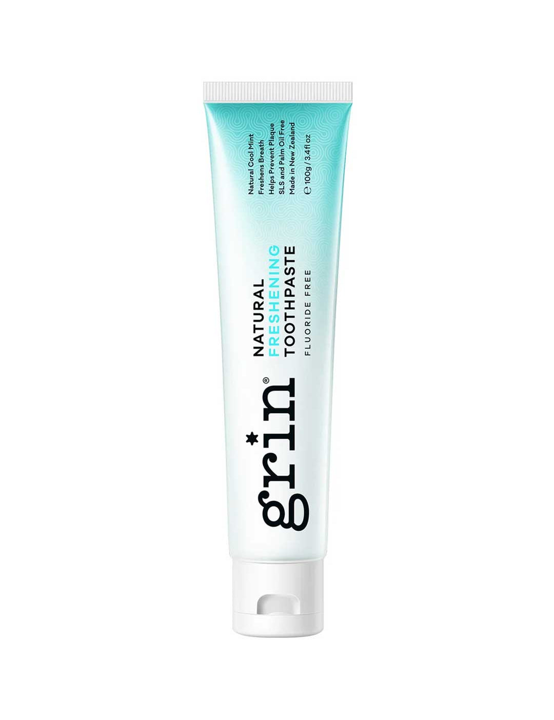 Tube of grin natural toothpaste on a white background