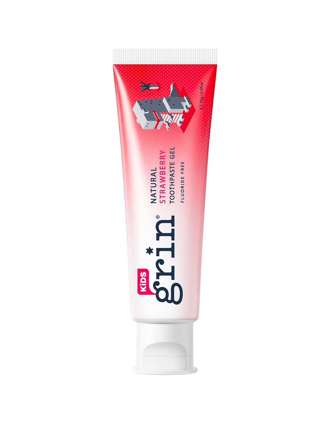 Tube of Grin Kids toothpaste on a white background