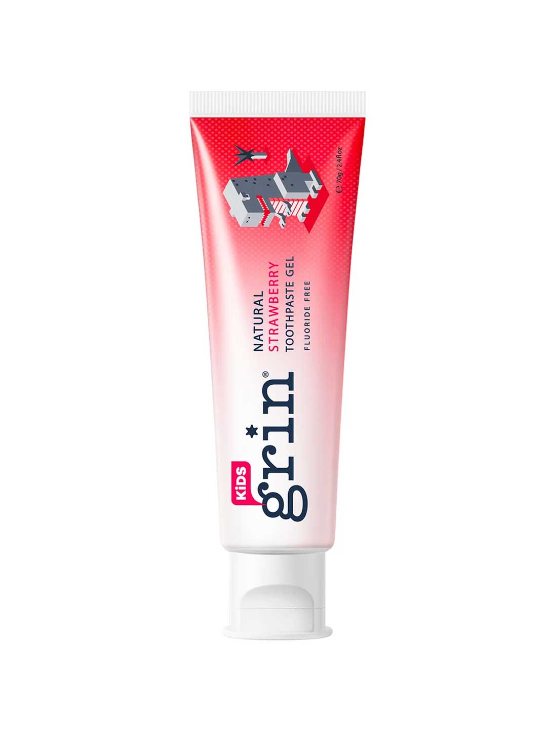 Tube of Grin Kids toothpaste on a white background