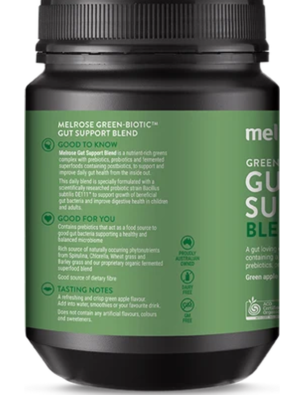 Melrose Green-Biotic Gut Support Blend back label with product benefits and tasting notes