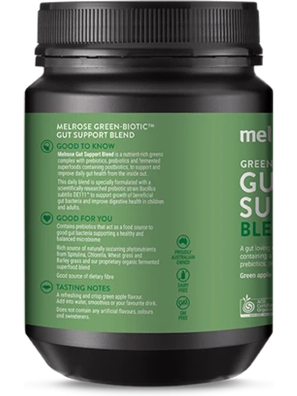 Melrose Green-Biotic Gut Support Blend back label with product benefits and tasting notes