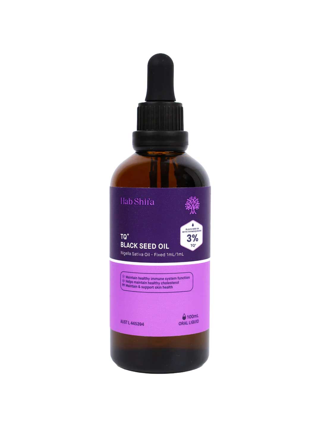 A brown bottle labeled HAB Shifa Black Seed Oil 3% TQ+ 100ml features a black dropper cap, purple and pink accents, and a white circle highlighting 3% thymoquinone for potent antioxidant benefits.
