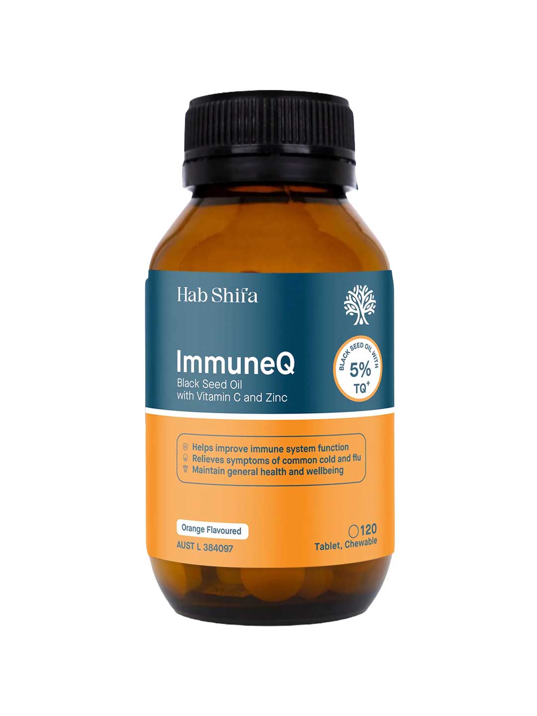 A brown bottle labeled HAB Shifa ImmuneQ Organic Black Seed Tablets 120 Tabs, orange flavor, contains organic black seed oil with vitamin C and zinc to support immune function and overall health.