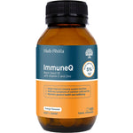 A brown bottle labeled HAB Shifa ImmuneQ Organic Black Seed Tablets 120 Tabs, orange flavor, contains organic black seed oil with vitamin C and zinc to support immune function and overall health.