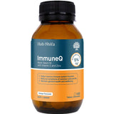 A brown bottle labeled HAB Shifa ImmuneQ Organic Black Seed Tablets 120 Tabs, orange flavor, contains organic black seed oil with vitamin C and zinc to support immune function and overall health.