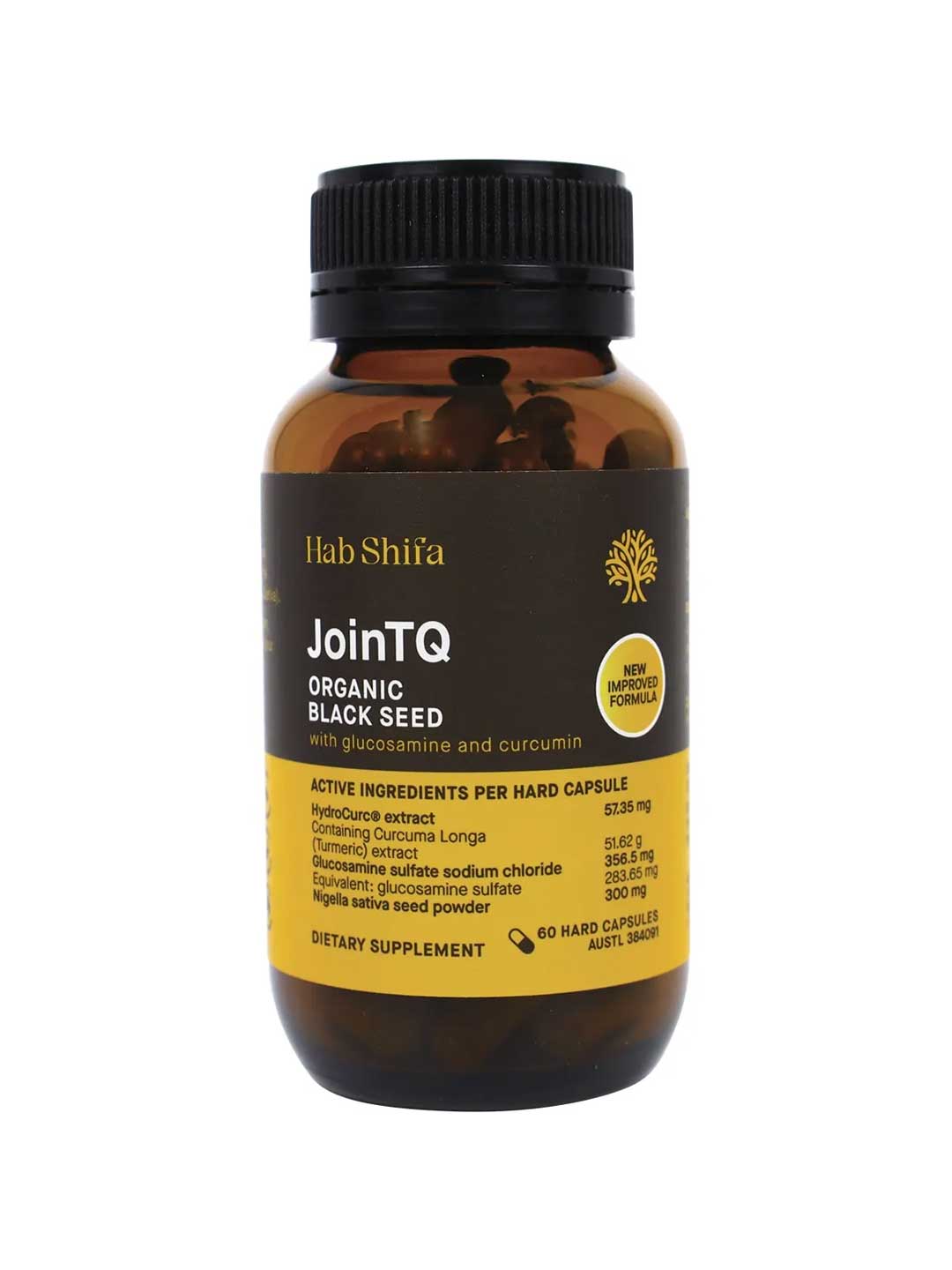 A brown bottle labeled Hab Shifa JoinTQ+ Organic Black Seed Oil dietary supplement contains 60 capsules for joint health and mild arthritis support, with active ingredients like glucosamine, curcumin, and black seed oil listed on the label.