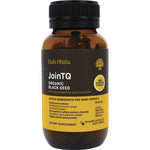 A brown bottle labeled Hab Shifa JoinTQ+ Organic Black Seed Oil dietary supplement contains 60 capsules for joint health and mild arthritis support, with active ingredients like glucosamine, curcumin, and black seed oil listed on the label.