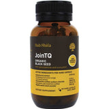 A brown bottle labeled Hab Shifa JoinTQ+ Organic Black Seed Oil dietary supplement contains 60 capsules for joint health and mild arthritis support, with active ingredients like glucosamine, curcumin, and black seed oil listed on the label.